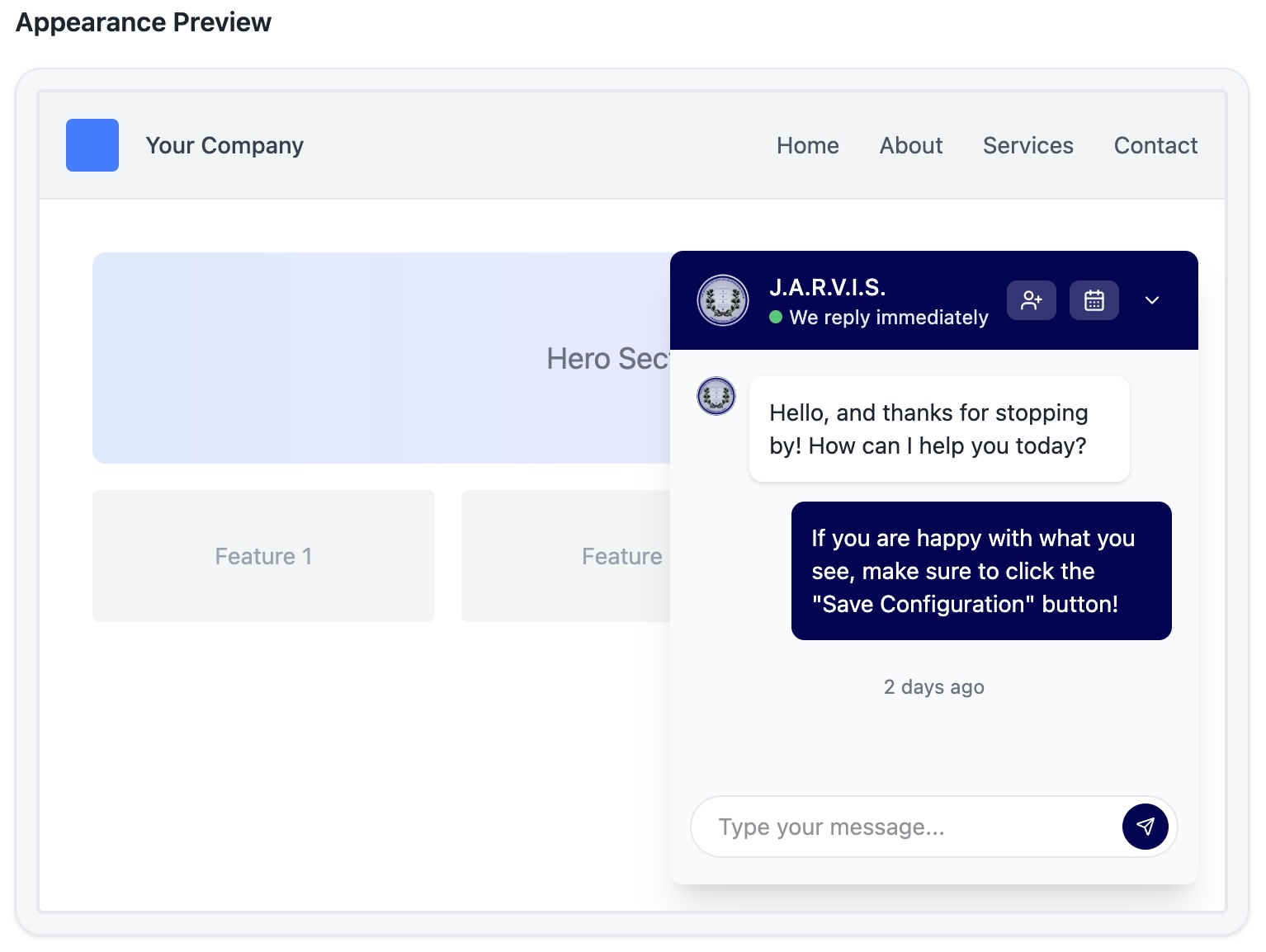 SimpleBot AI chat widget appearance preview showing brand-matched widget on a sample website