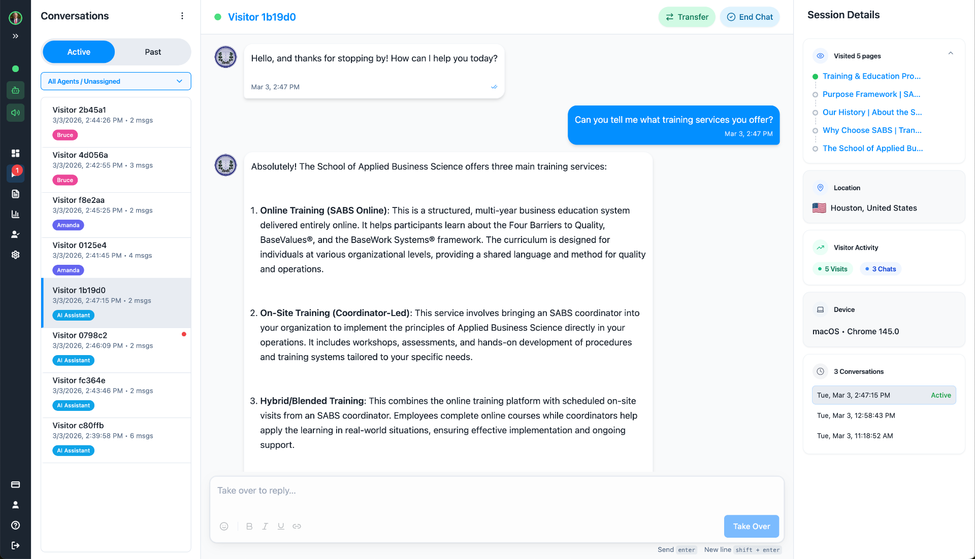 SimpleBot AI live chat conversation with session details panel