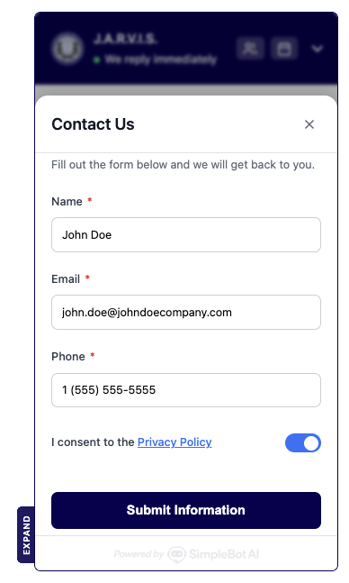 SimpleBot AI chat widget showing in-chat lead capture contact form