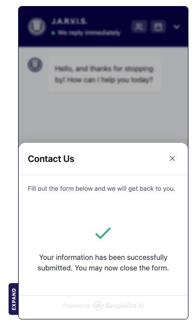 SimpleBot AI chat widget showing successful lead capture submission confirmation