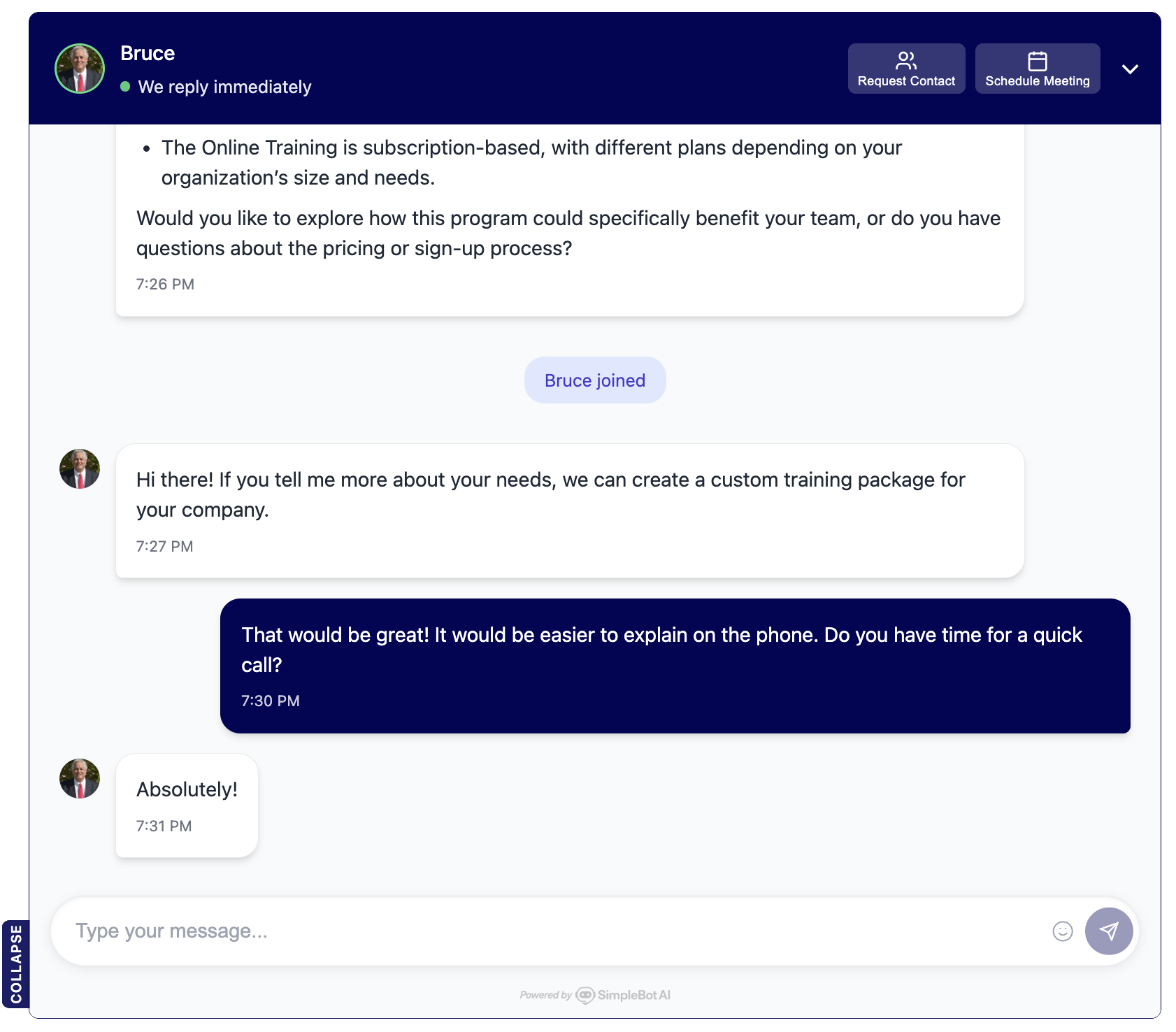 Live chat takeover showing AI-to-human handoff in a real conversation