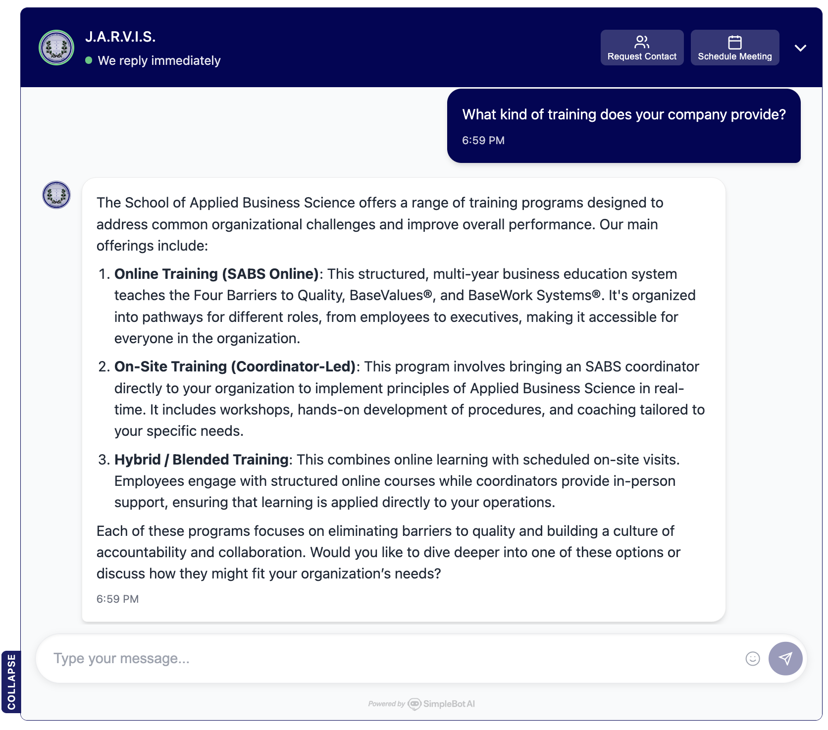 SimpleBot AI chatbot – expanded view