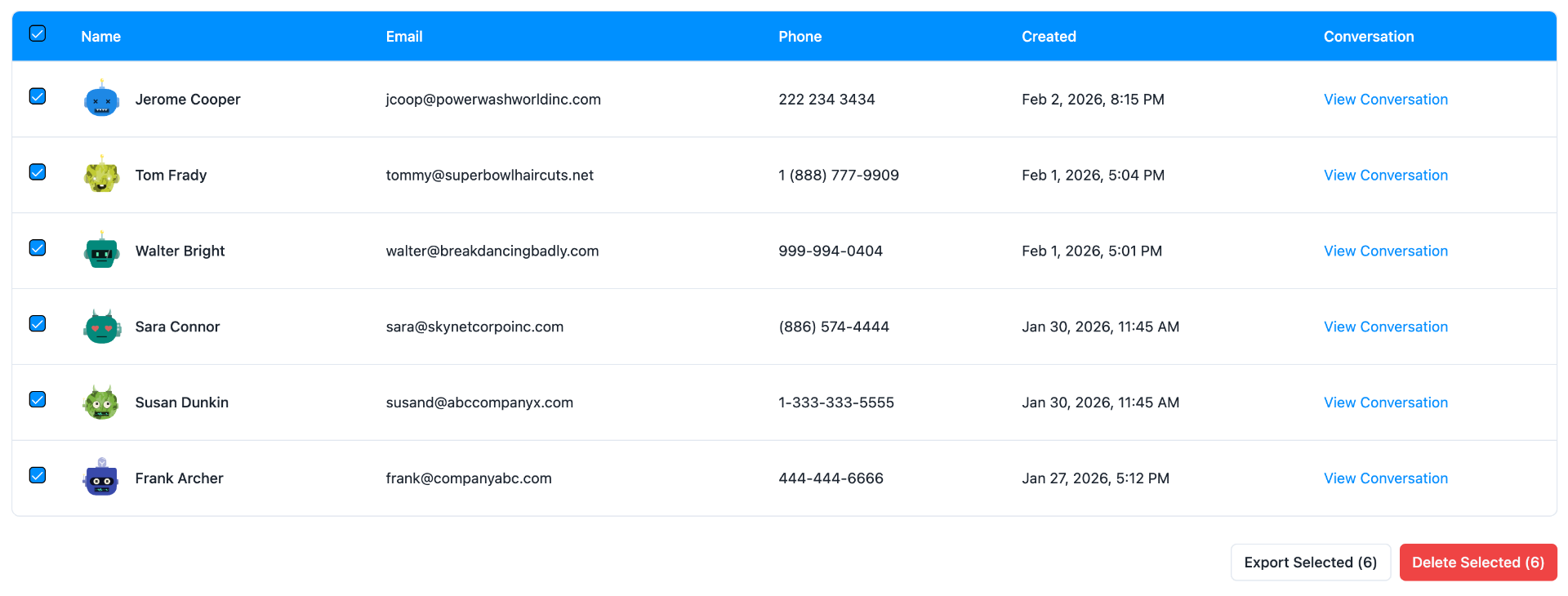 SimpleBot AI leads dashboard showing captured leads with name, email, phone, and conversation links